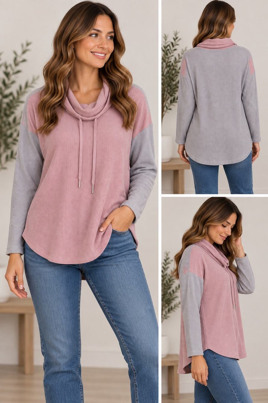 Tribal Pink Gray Colorblock Cowl Neck Waffle knit sweatshirt Size Medium